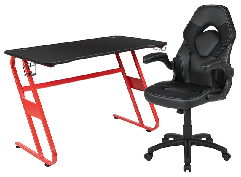 Red Gaming Desk and Black Racing Chair Set with Cup Holder and Headphone Hook