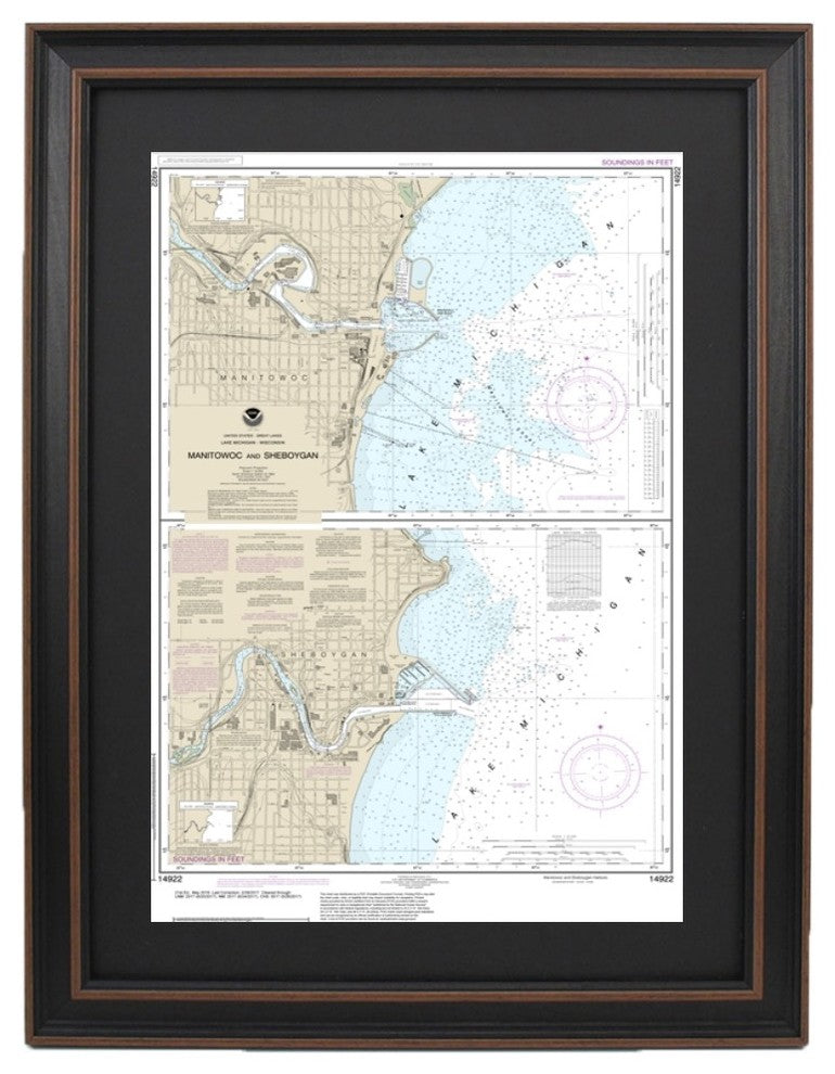 Framed Nautical Chart, Manitowoc and Sheboygan, Lake Michigan, Wisconsin, 15x24