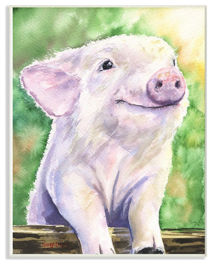Baby Pig Animal Green Watercolor Painting, 10"x15"