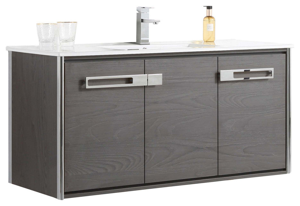 Oakville Wall Mount Bathroom Vanity, Black Coal Oak, 48", Chrome Hardware