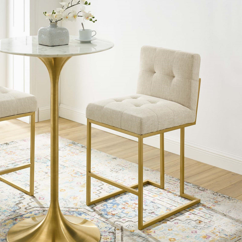 Beige Fabric Counter Stool, Heidi Giselle Gold Counter Stool, Luxe Glam Tufted