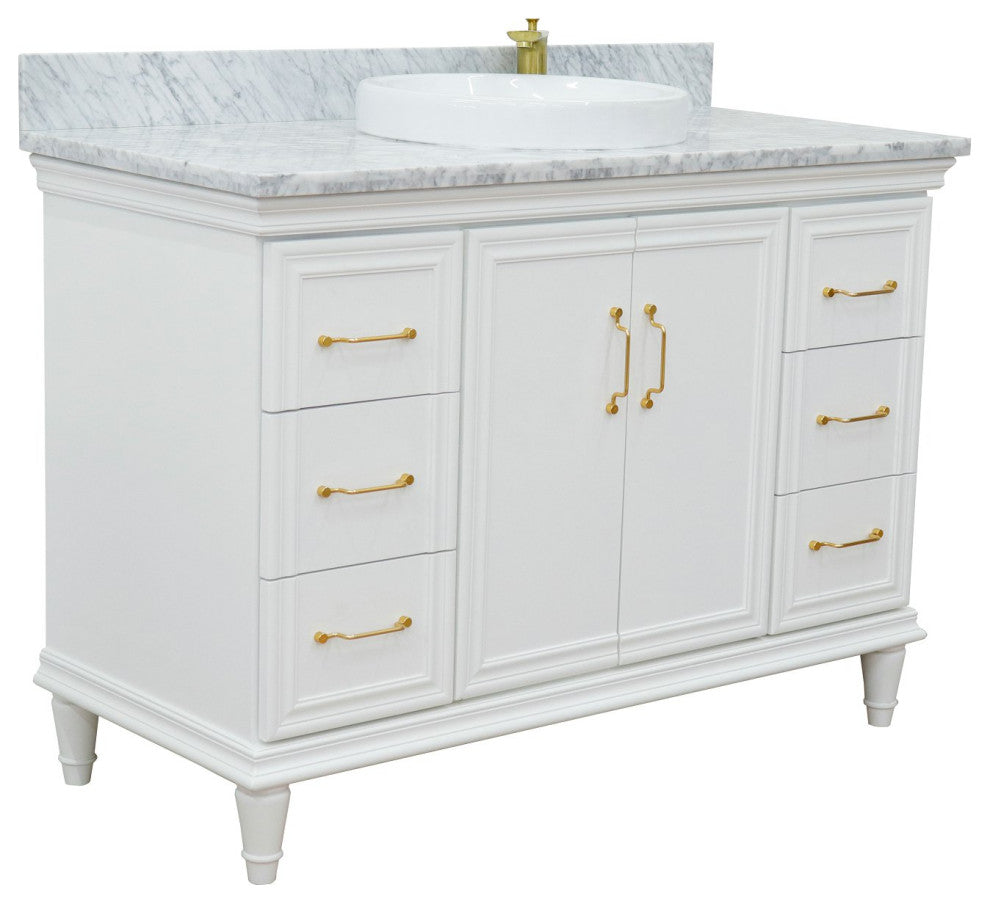 49" Single Sink Vanity, White Finish With White Carrara Marble and Round Sink