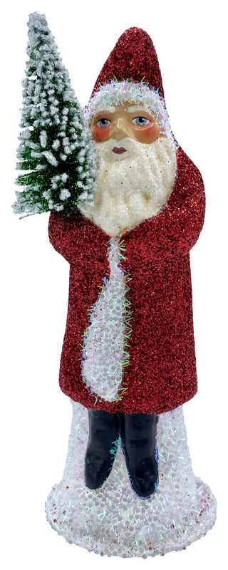 Schaller Paper Mache Candy Container, Santa With Red Glitter Coat