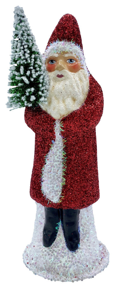 Schaller Paper Mache Candy Container, Santa With Red Glitter Coat