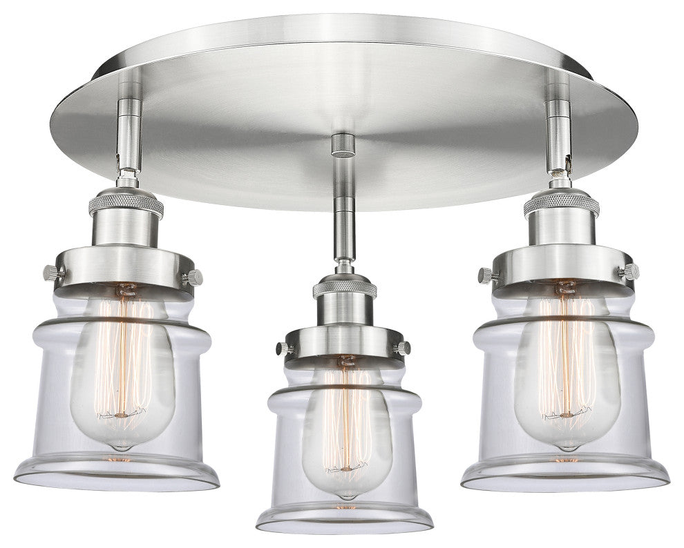 Canton-3 Light 17" Flush Mount-Satin Nickel, Clear Glass Shade