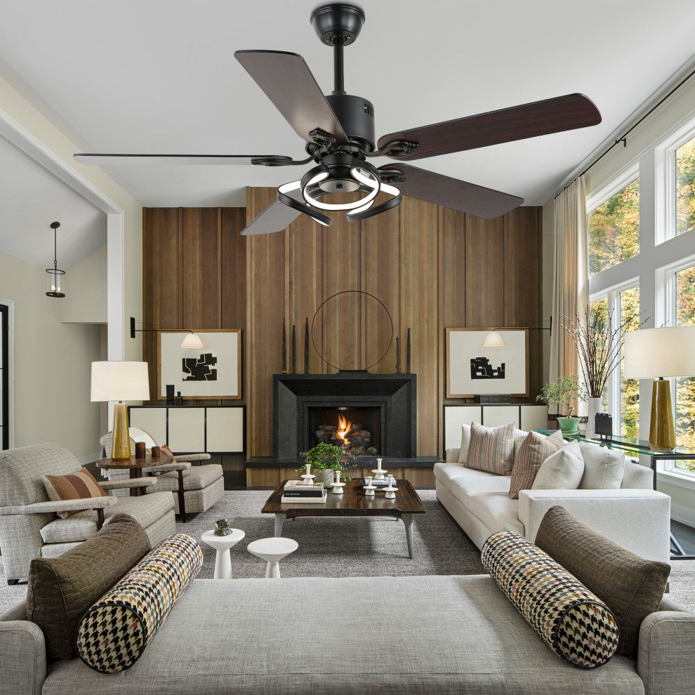52" Modern Ceiling Fan with 5 Reversible Blades, Remote and LED Light, Black