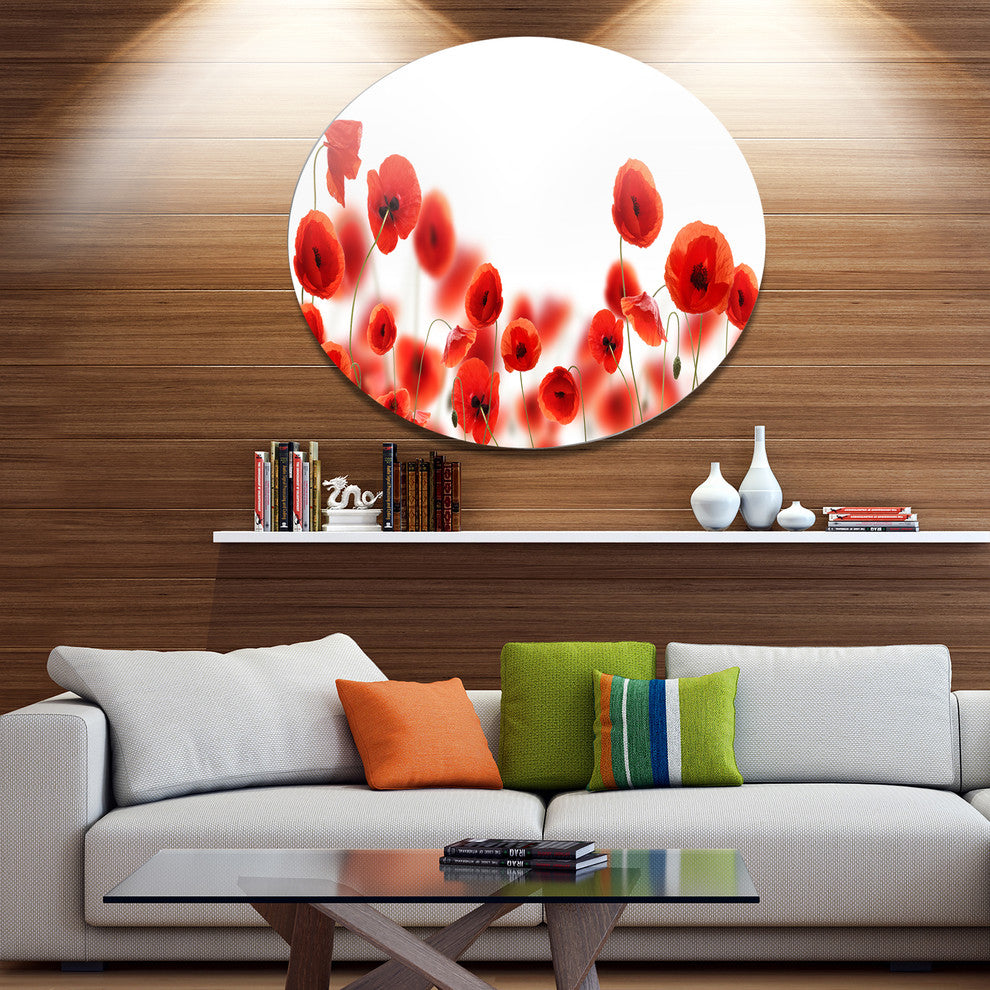 Lovely Poppy Flowers On White, Modern Floral Round Metal Wall Art, 23"