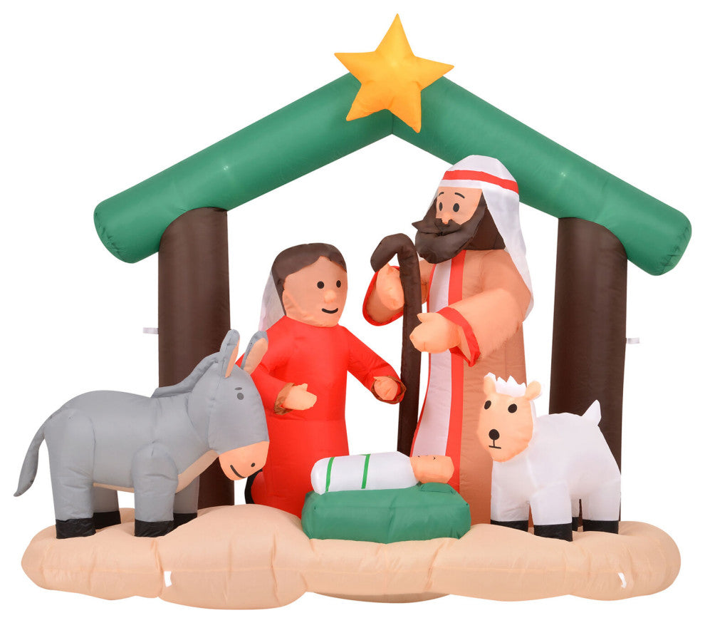 7' Wide Nativity With Mary, Joseph, Baby Jesus, and Animals, Prelit