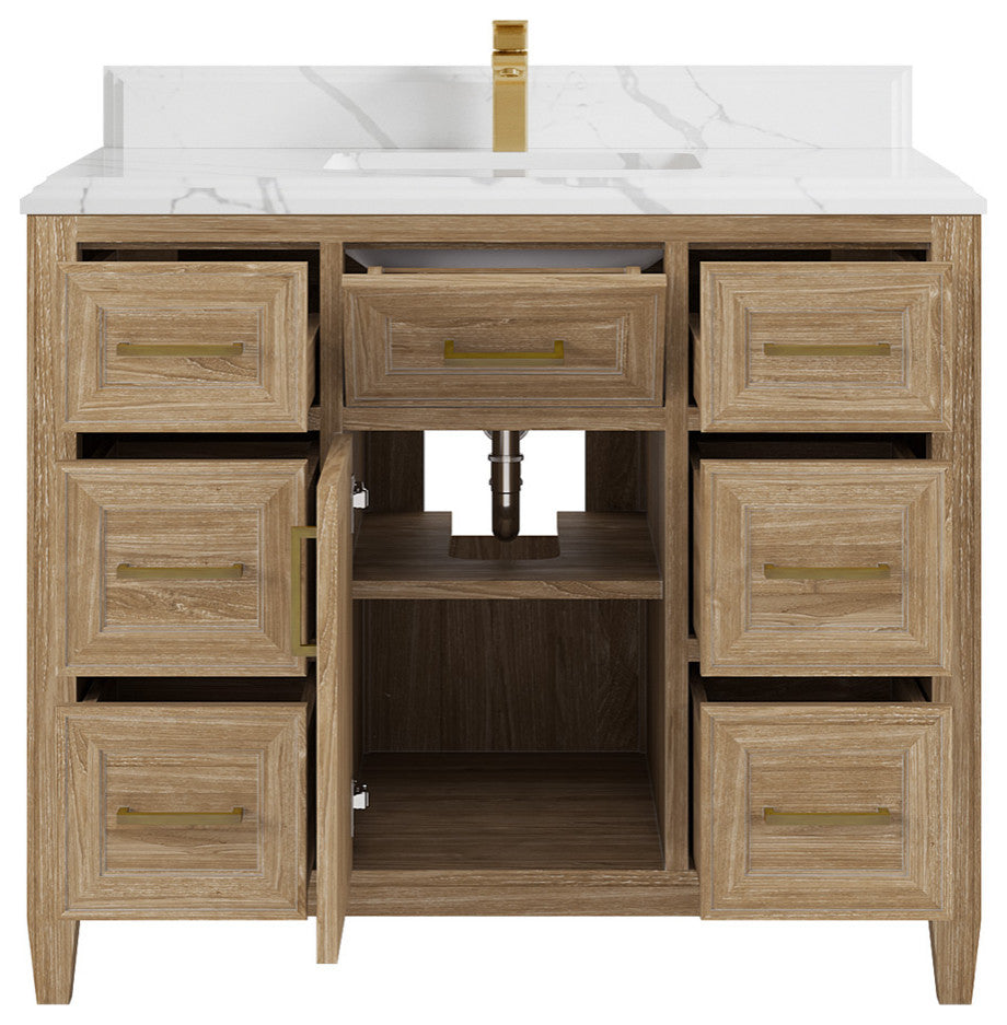 Santa Monica 42 Single Sink Bath Vanity in Whitewashed Teak 1.5" White Quartz