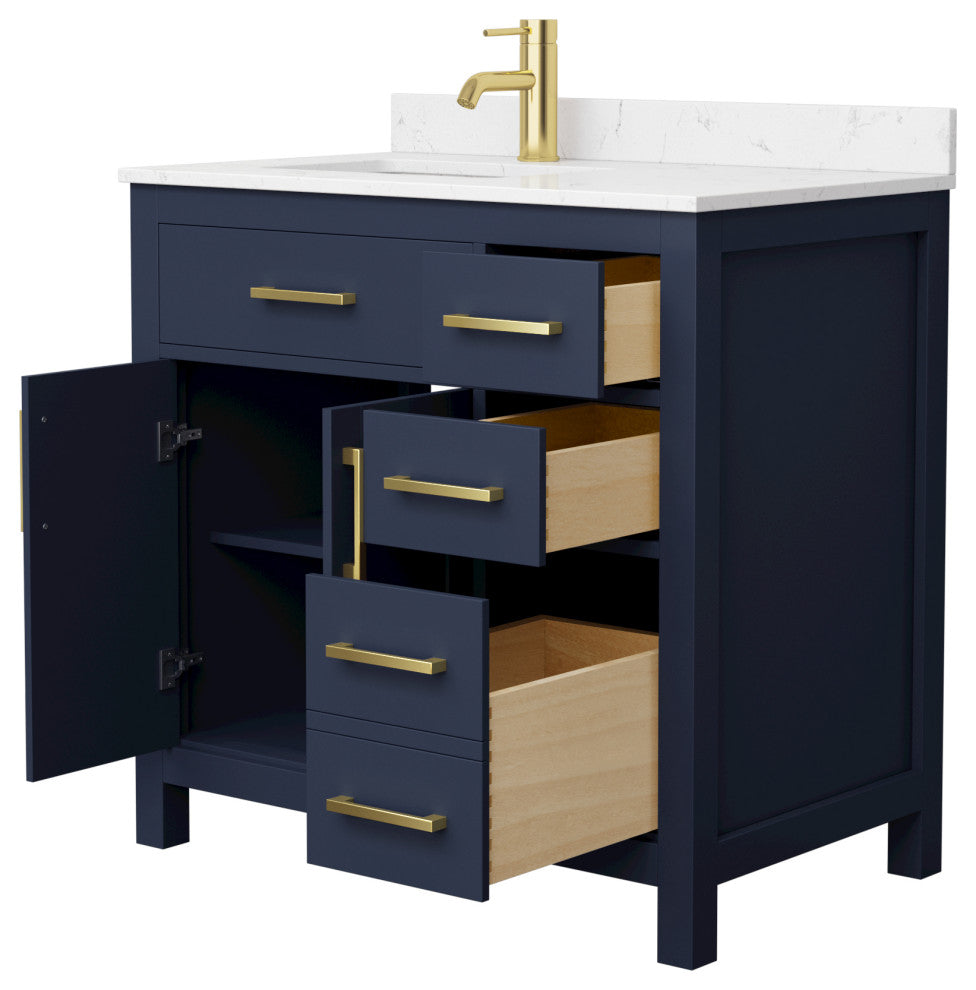 Beckett 36" Dark Blue Single Vanity, Carrara Cultured Marble Top, Gold Trim