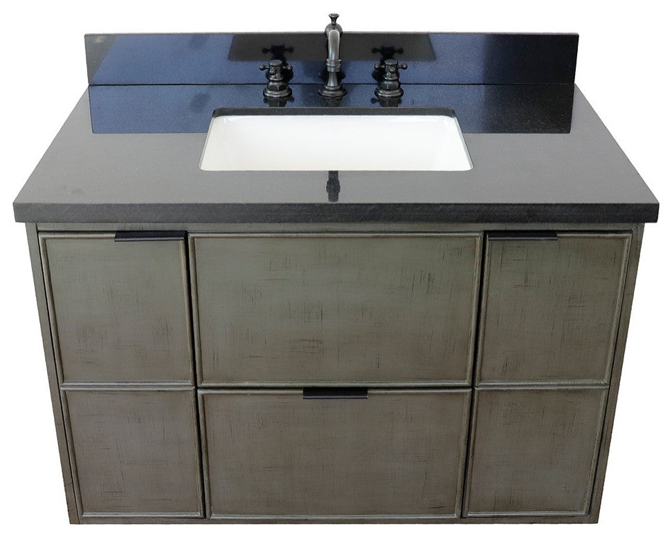 37" Single Wall Mount Vanity, Linen Gray Finish With Black Galaxy Top