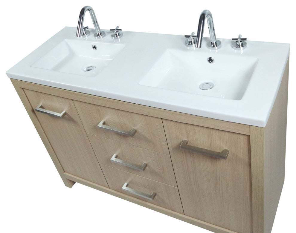 48" Double Sink Vanity, Neutral Finish With White Ceramic Top
