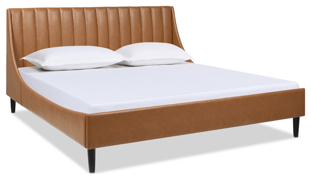 Aspen Modern Vertical Tufted Upholstered Platform Bed, Caramel Tan Brown Faux Leather, King