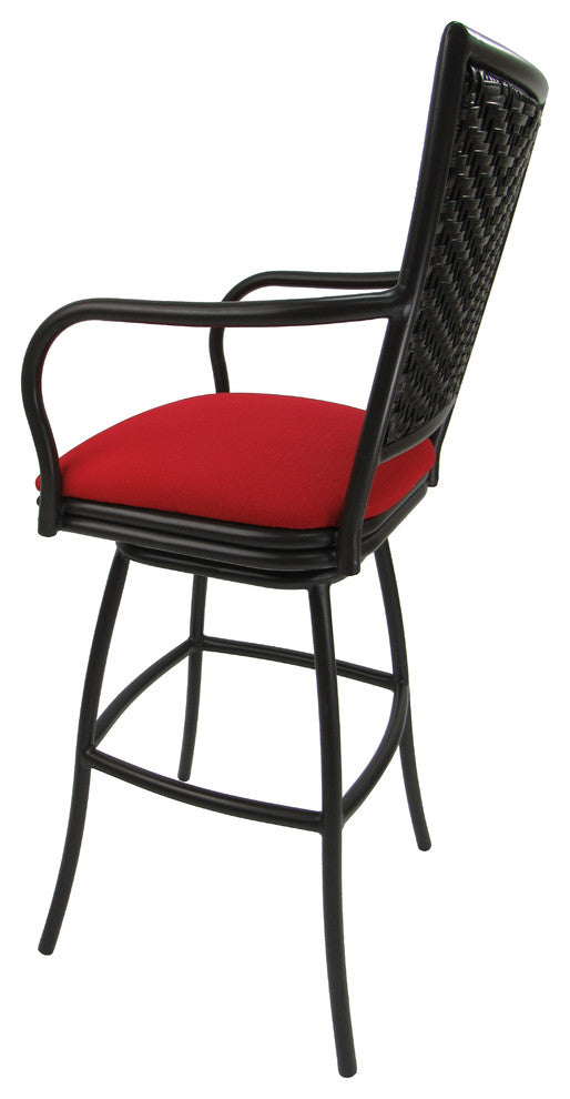 Outdoor Patio Swivel Bar Stool, Erin, Red Linen, Brown Frame, 30"