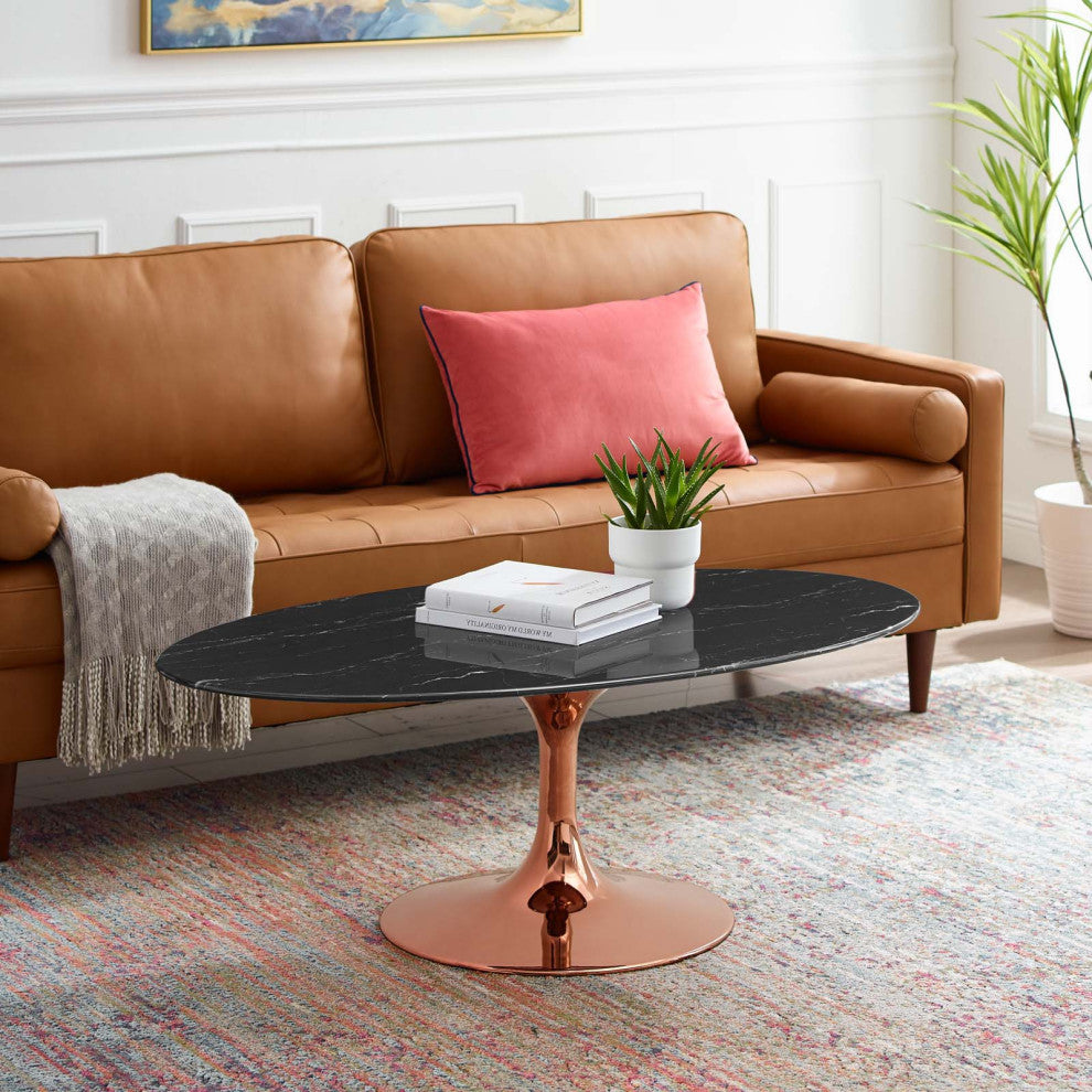 Coffee Table, Oval, Artificial Marble, Metal, Rose Gold Black, Modern, Lounge