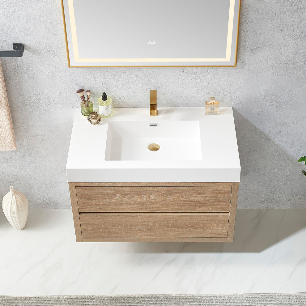 Palencia Floating Bath Vanity With Composite Stone Top, North American Oak, 36", No Mirror