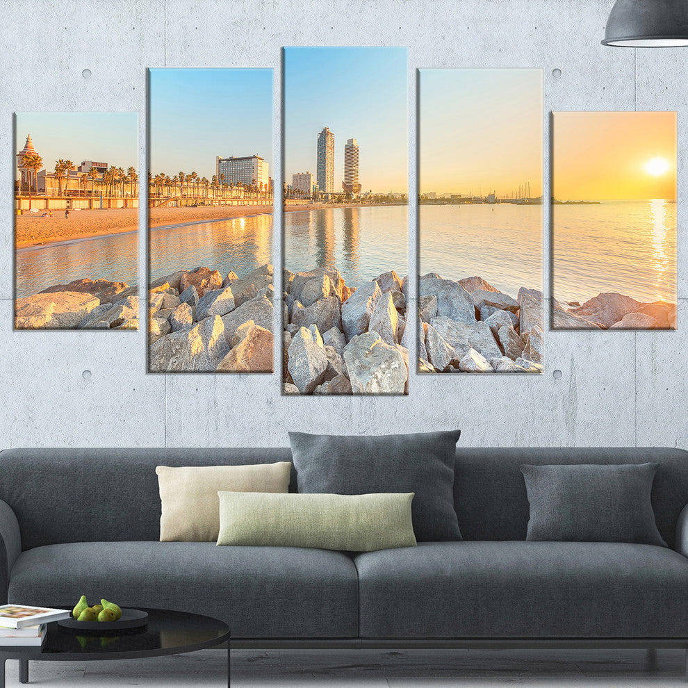 "Barceloneta Beach in Barcelona" Seashore Photo Wall Art, 5 Panels, 60"x32"