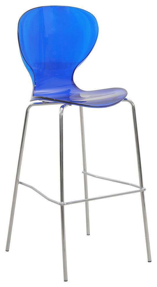 LeisureMod Oyster Acrylic Barstool With Steel Frame Set of 2, Transparent Blue