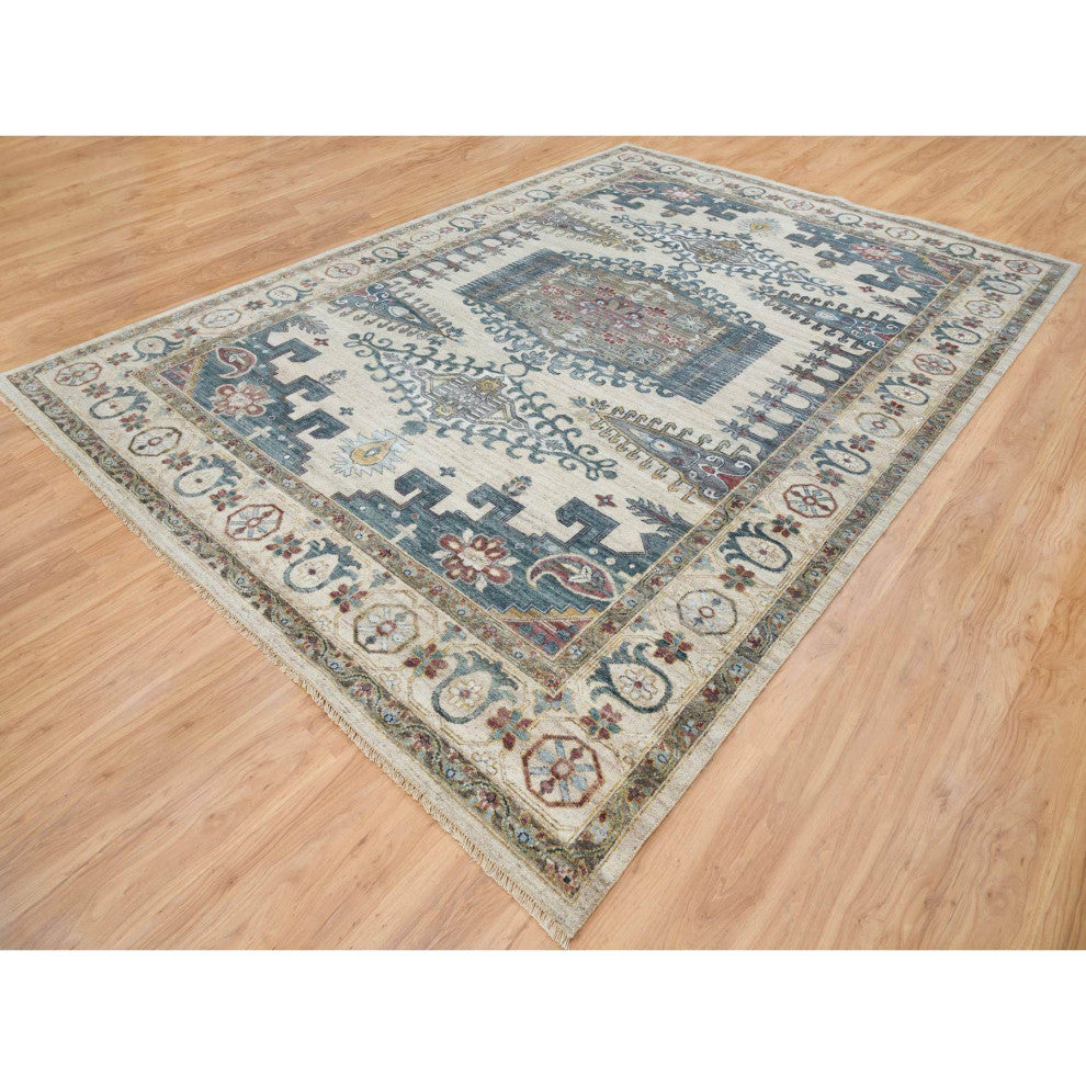 Ivory Hand Knotted Reimagined Viss Design 100% Wool Oriental Rug, 10'x14'