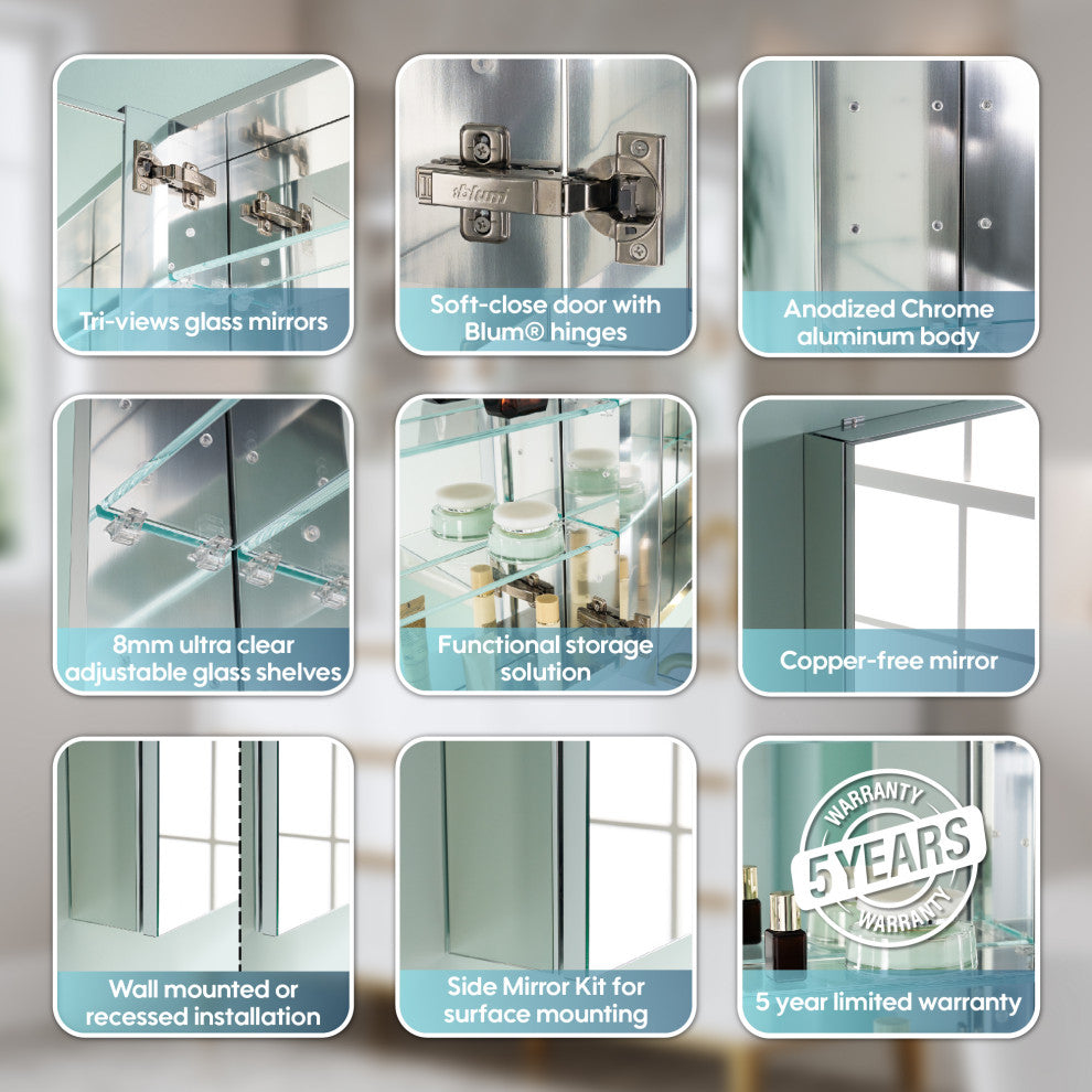 Recessed/Surface Mount Bathroom Medicine Cabinet, Reverse Installation, 72"x30"