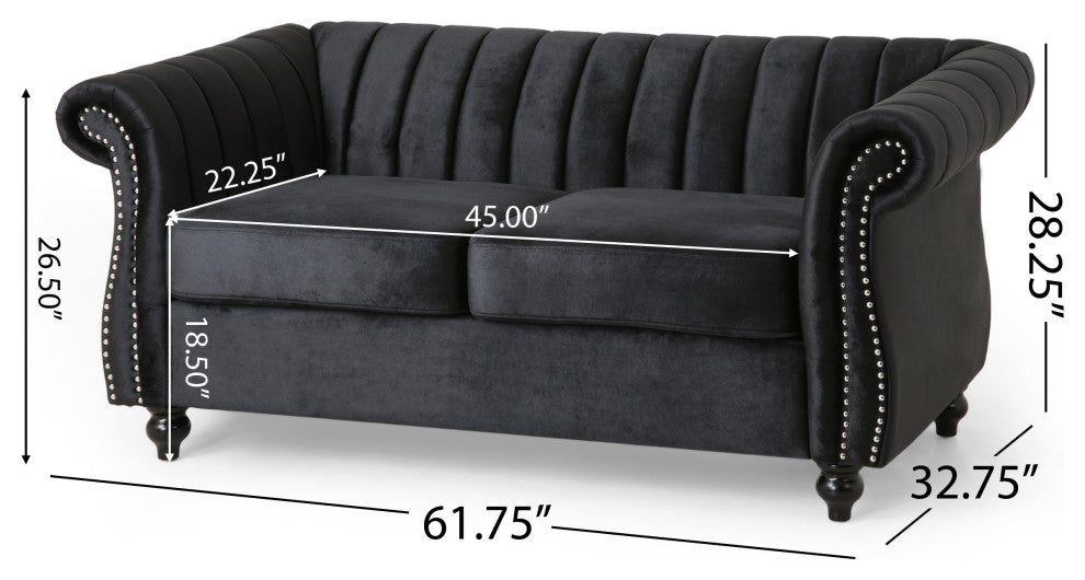 Bauman Modern Glam Channel Stitch Loveseat with Nailhead Trim, Black and Dark Brown, Velvet