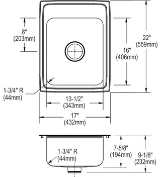LR1722PD Lustertone Classic Stainless Steel 17" x 22" Sink with Perfect Drain, M