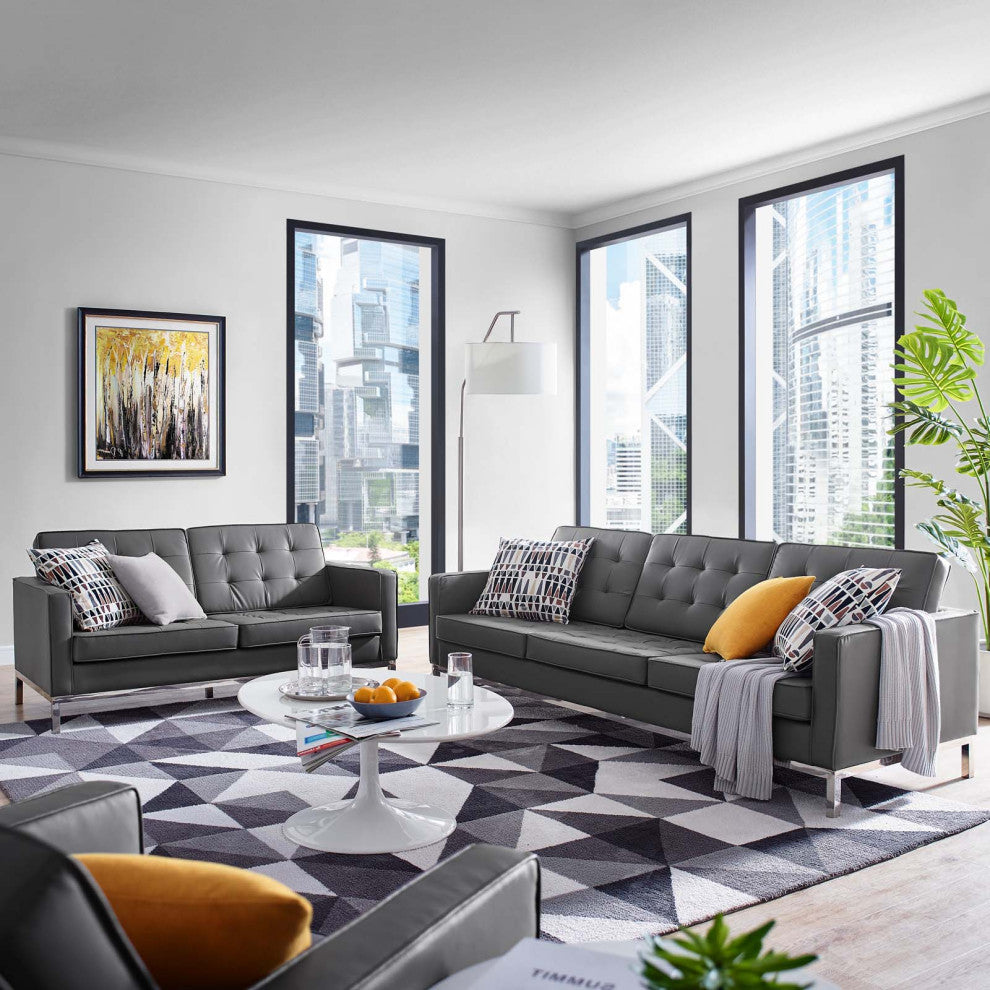 Tufted Loveseat and Sofa Set, Faux Leather, Silver Gray, Modern, Lounge