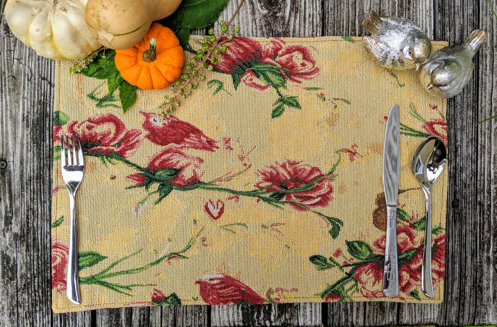 Seasonal Floral Woven Fabric Tapestry Kitchen Table Mats Cloth Placemats, Yellow Floral