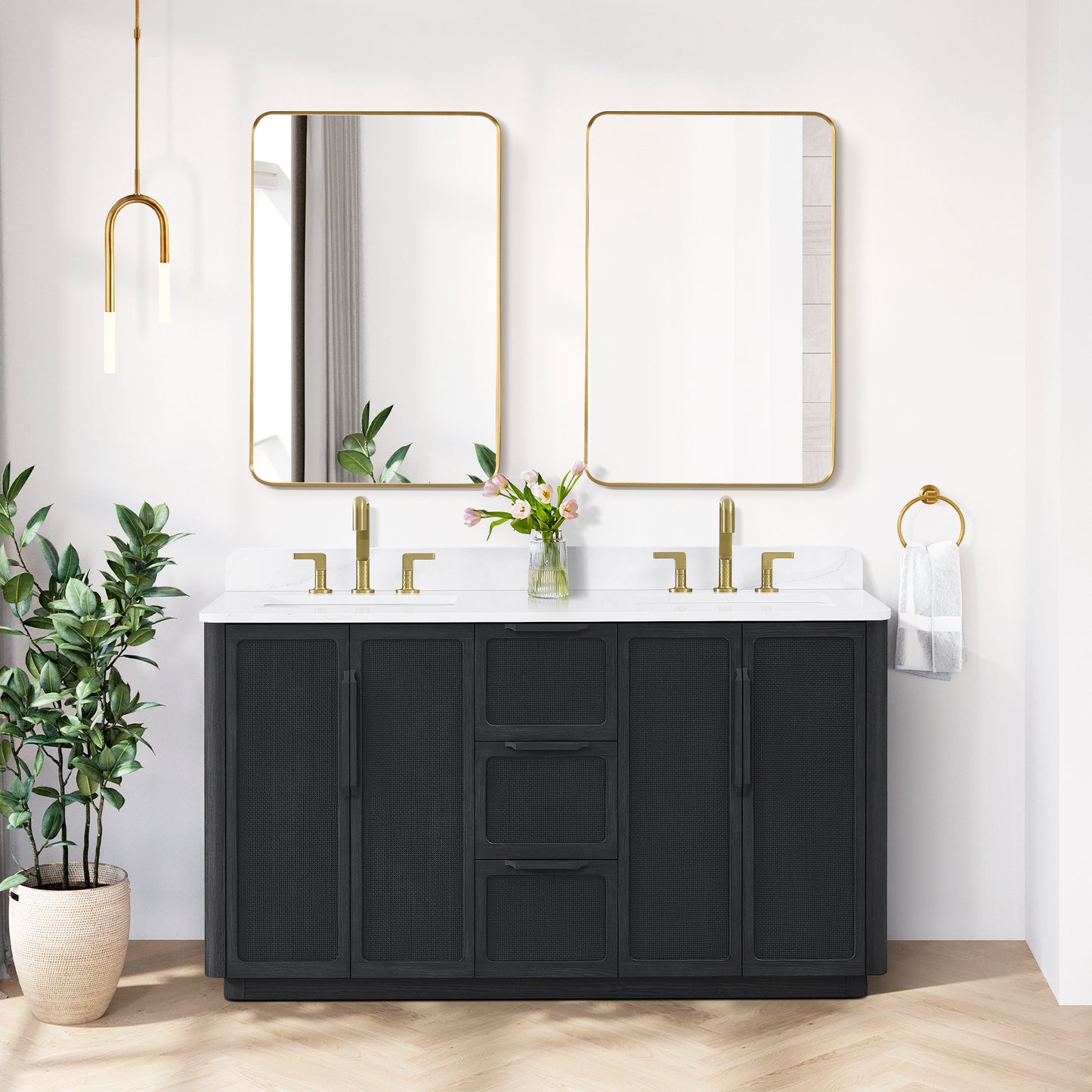 Busan Bath Vanity, Quartz Top No Mirror, Oak Classic Black, 60", Double Vanity