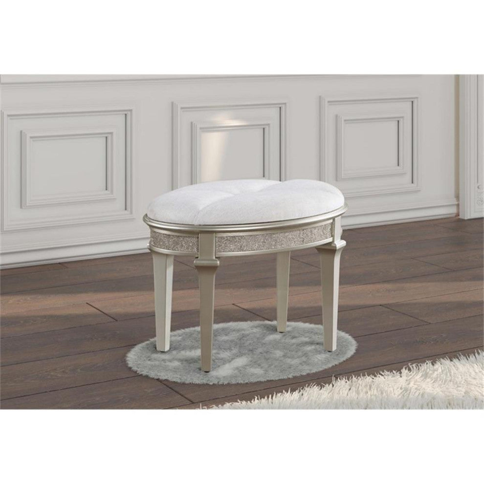 Coaster Evangeline Wood Oval Vanity Stool Faux Diamond Trim Silver and Ivory