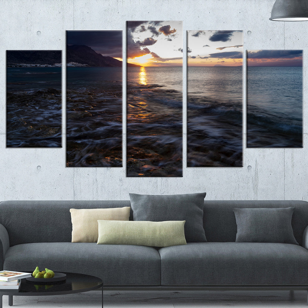 "Gloomy Sea Coast At Sunrise" Modern Seashore Canvas Art, 5 Panels, 60"x32"