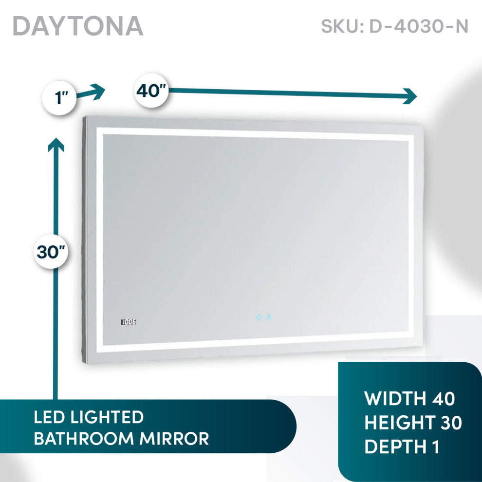AQUADOM Daytona LED Wall-Mount Mirror Defogger Digital Clock 40"x30"x1"