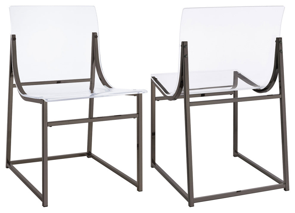 Set of 2 Acrylic Dining Side Chairs, Clear and Black Nickel