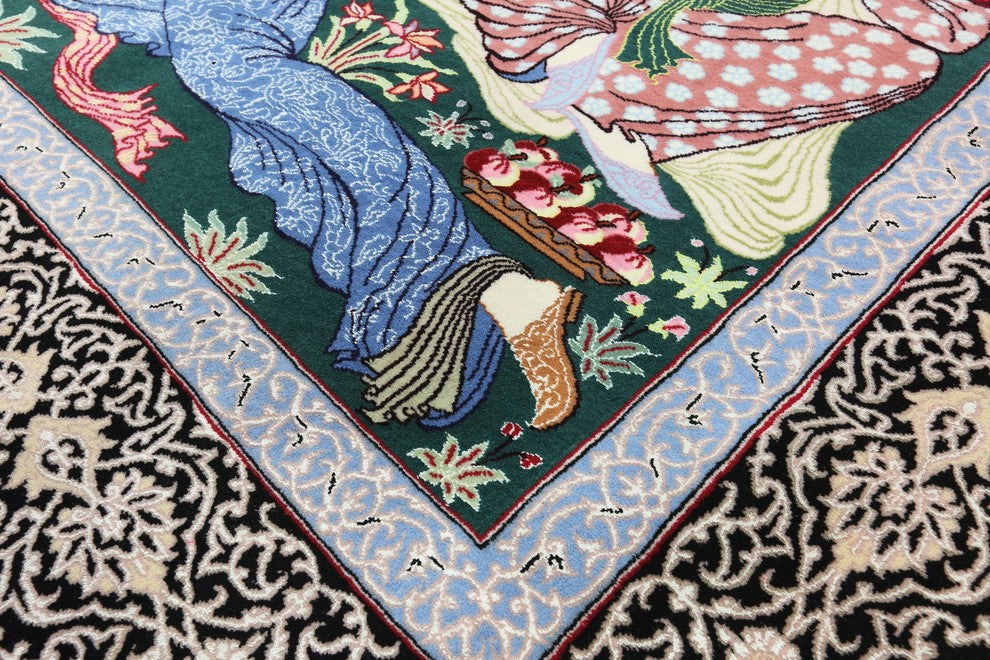 Pictorial Scene Persian Hand Knotted Wool and Silk Signed Isfahan Rug, 4x5