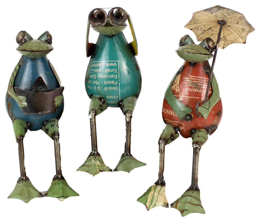 Whimsical Recycled Metal Frog Sculpture 3-Piece Set