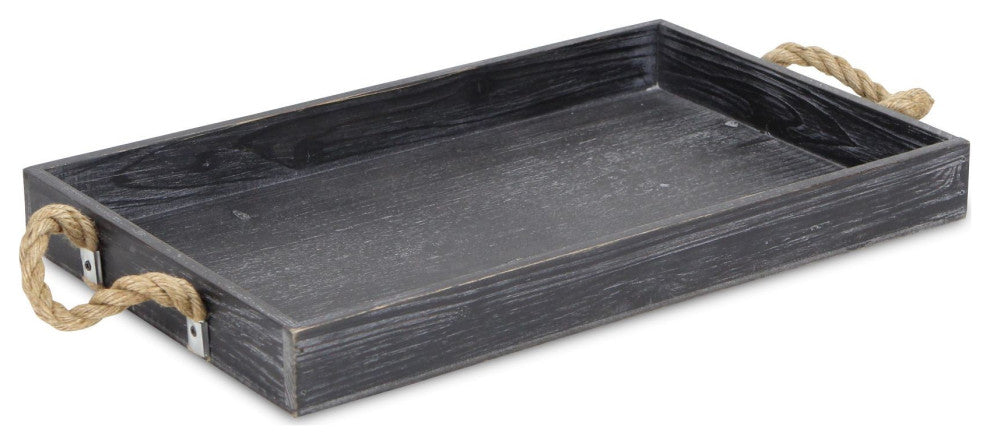 Black Wooden Tray With Rope Handles