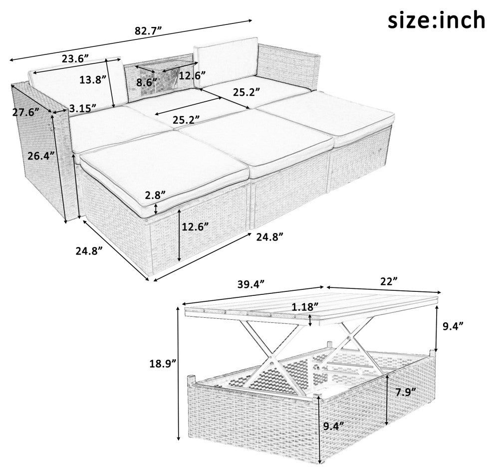 5-Piece Outdoor Wicker Patio Sofa with Ottomans and Lift Top Coffee Table, Gray