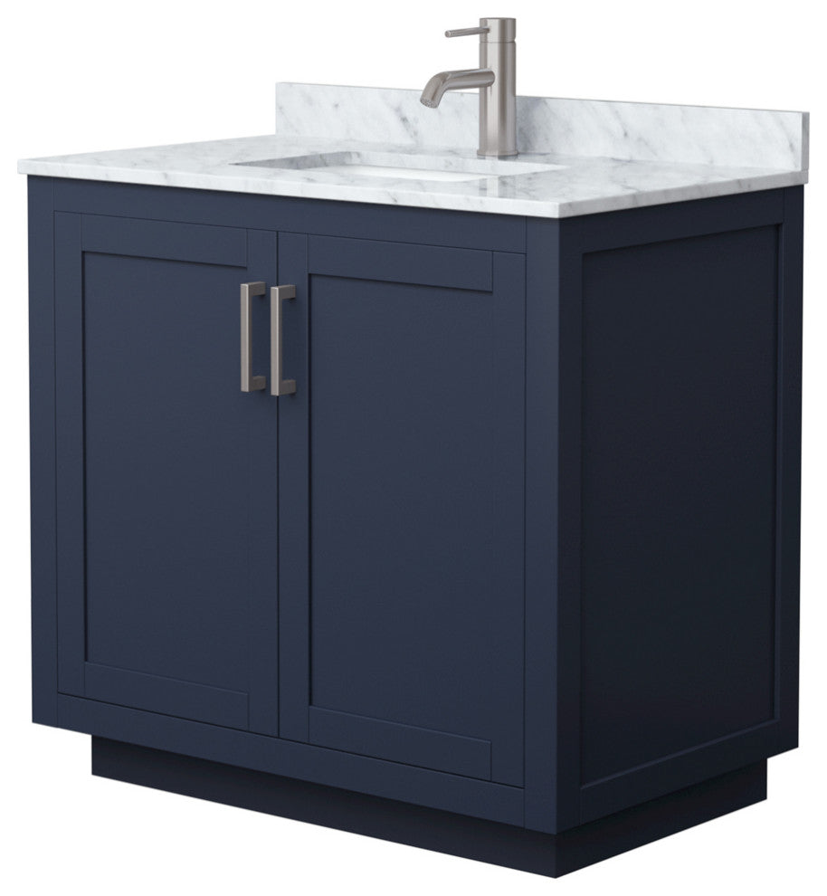 36" Single Bathroom Vanity, Dark Blue, Carrara Countertop, Sink, Nickel Trim
