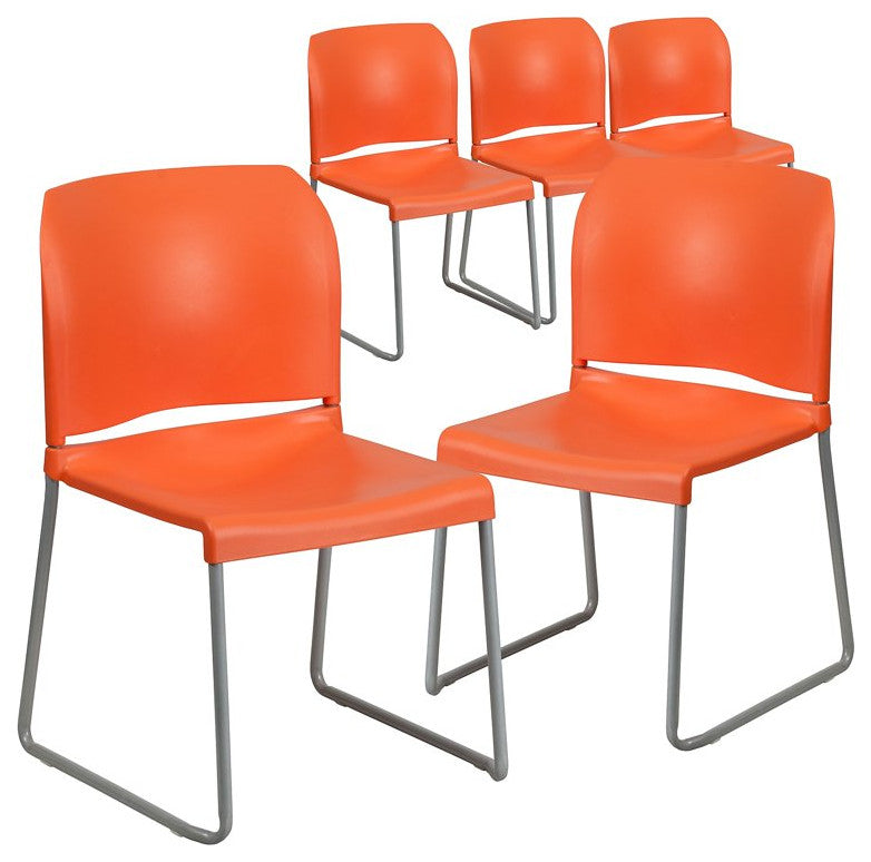 Set of 5 Multifunctional Stackable Chair, Plastic Seat With Sled Base, Orange