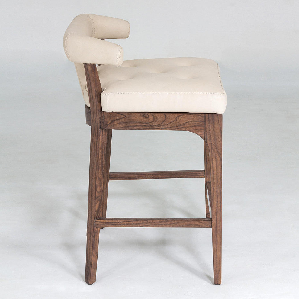 Luxe Sleek Contemporary Ivory Leather Bar Stool 32" Open T Back Walnut Wood