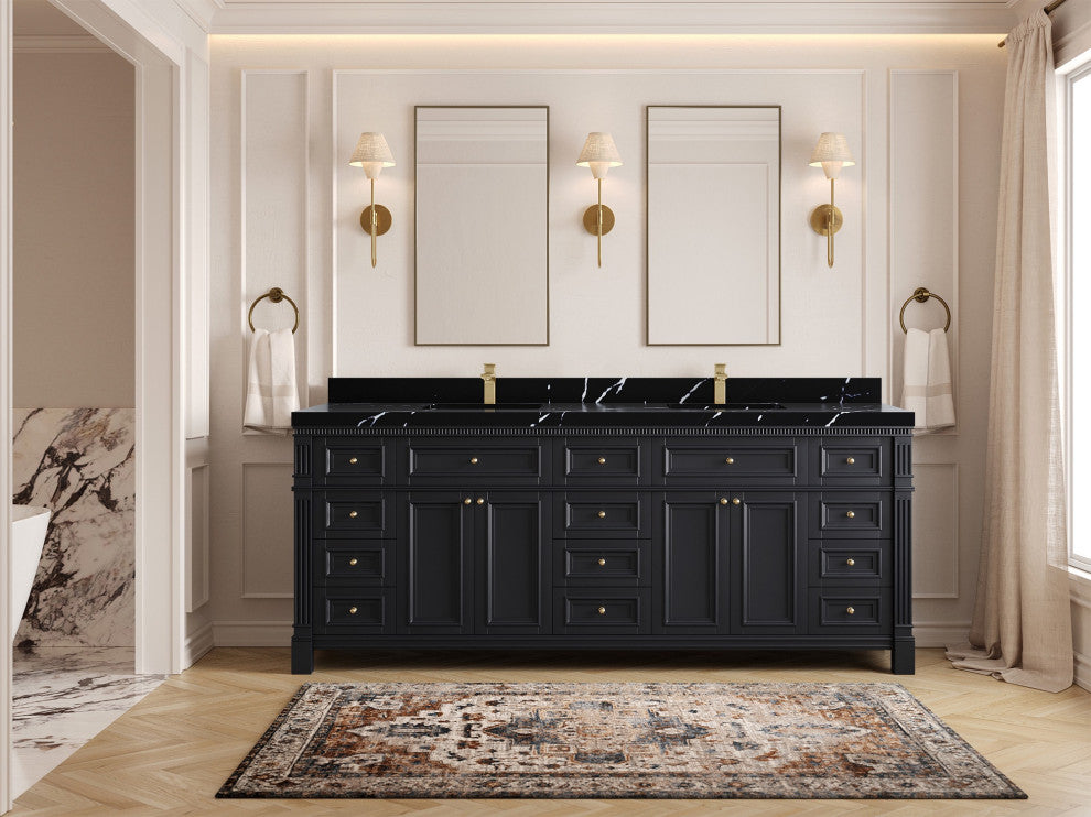Paris 84" Double Sink Bathroom Vanity, Black 2" Calacatta Black