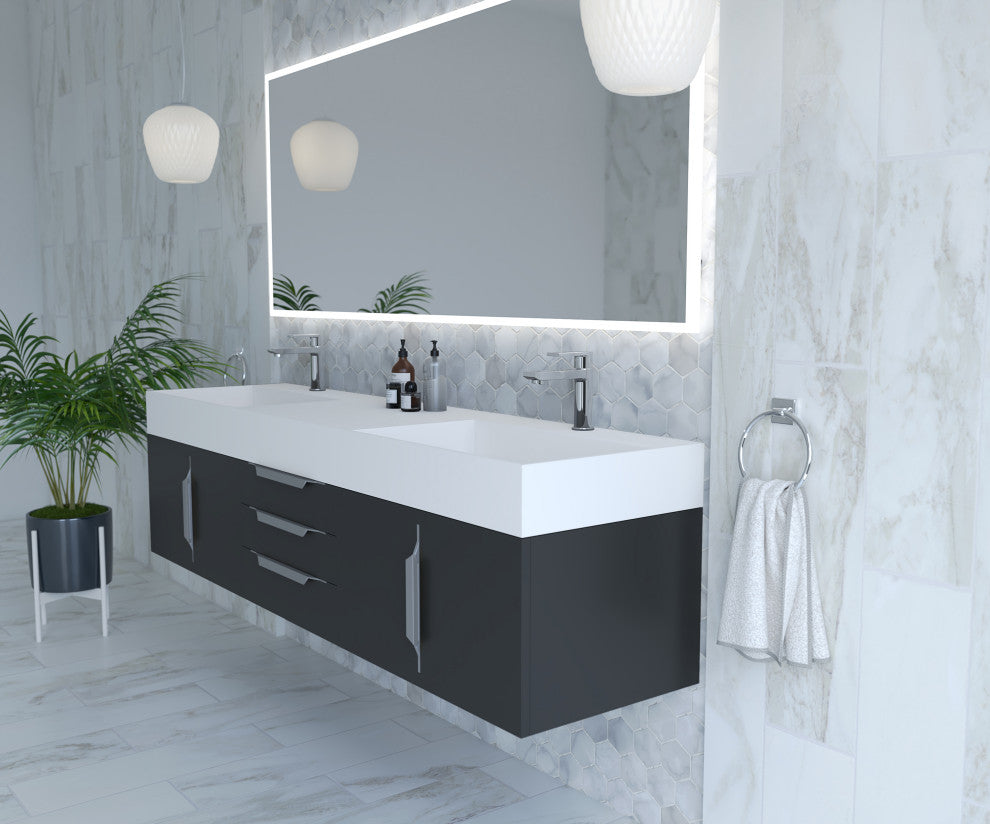CastelloUSA Amazon 72" Wall Mounted Vanity Set, Black, White Top, Chrome Handles