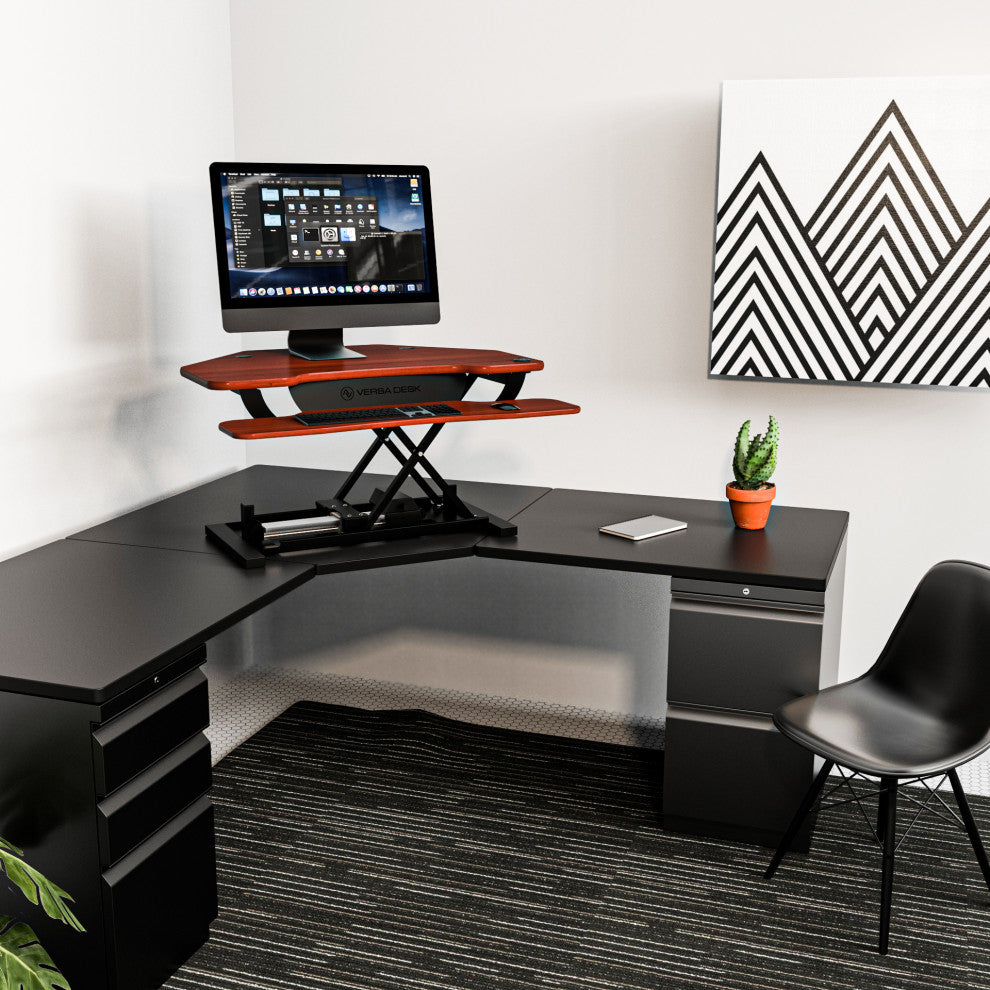 VersaDeskÂ® PowerProÂ® Corner Electric Standing Desk Converter with USB Charging, Cherry