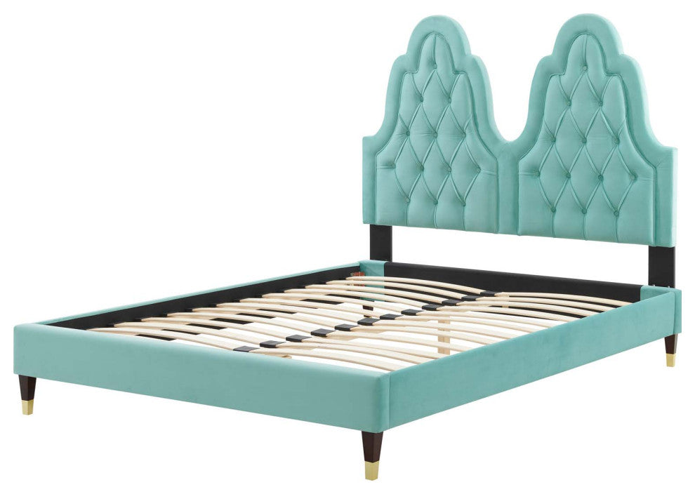 Tufted Platform Bed Frame, Twin Size, Velvet, Blue, Modern Contemporary, Bedroom