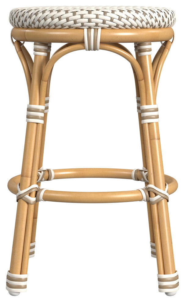 Tobias Outdoor Rattan and Metal Counter Stool, Beige and White