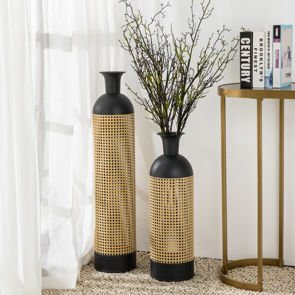 Boho Decorative Gold/Black Floor Metal Vase, Set of 2
