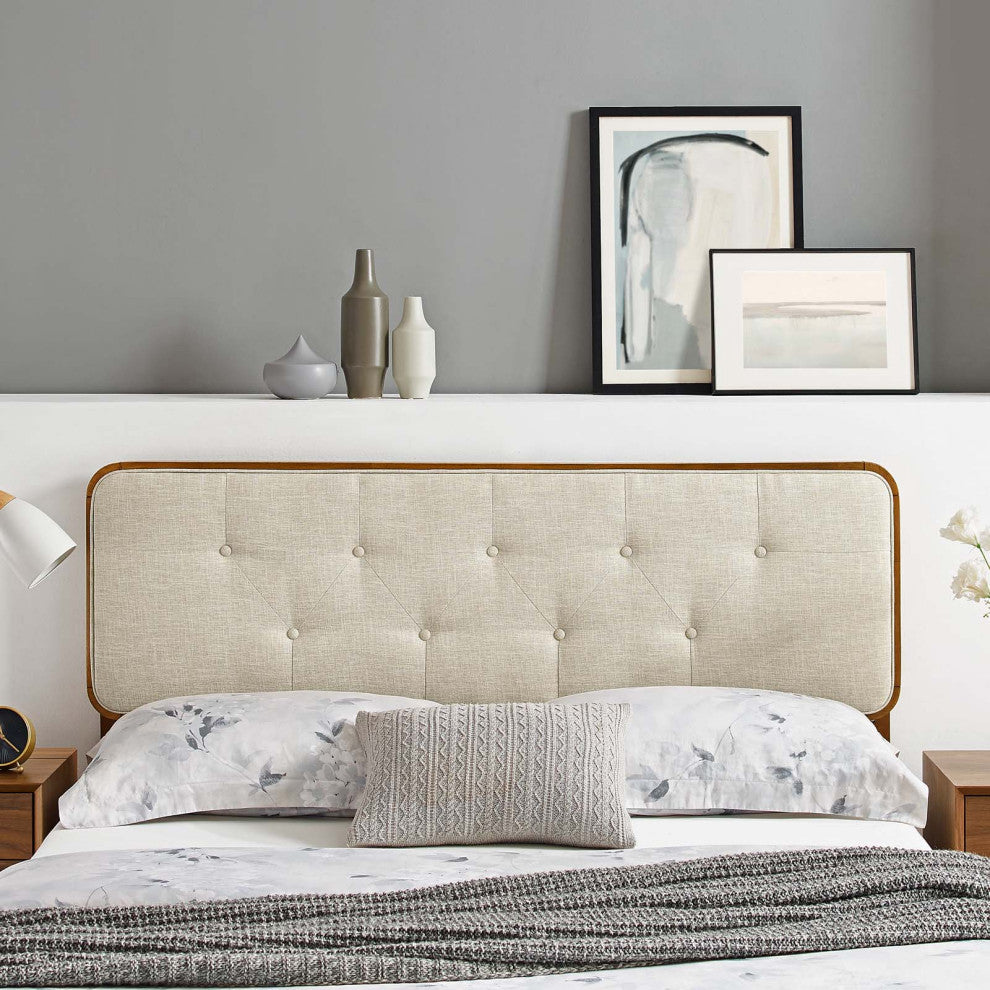 Tufted Headboard, King Size, Wood, Fabric, Brown Walnut Beige, Modern