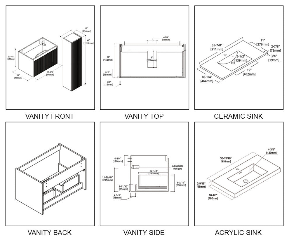 Floating Bathroom Vanity with Sink, Wall Mounted Vanity, White, 36" W/ Sink, Side Cabinet