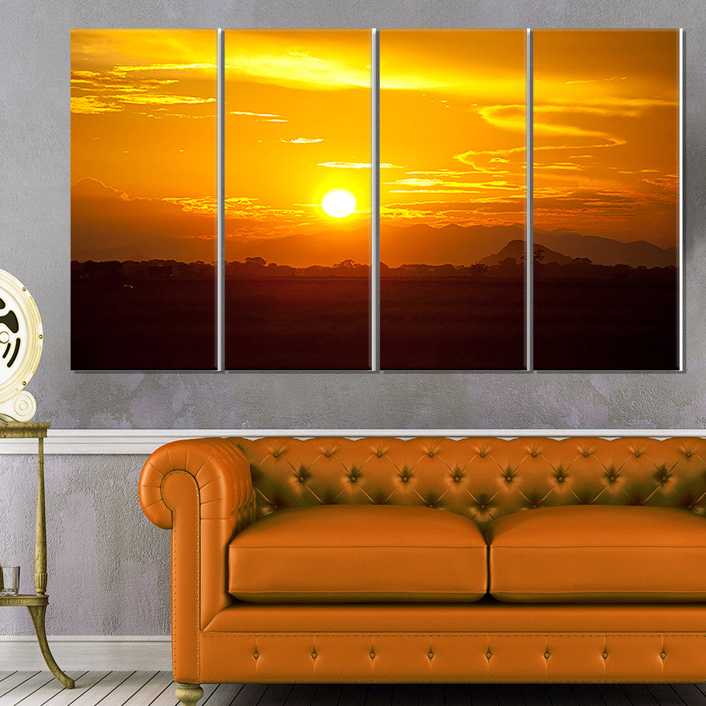 Bright Yellow Sunset in Sri Lanka, Landscape Canvas Art, 48"x28", 4 Panels