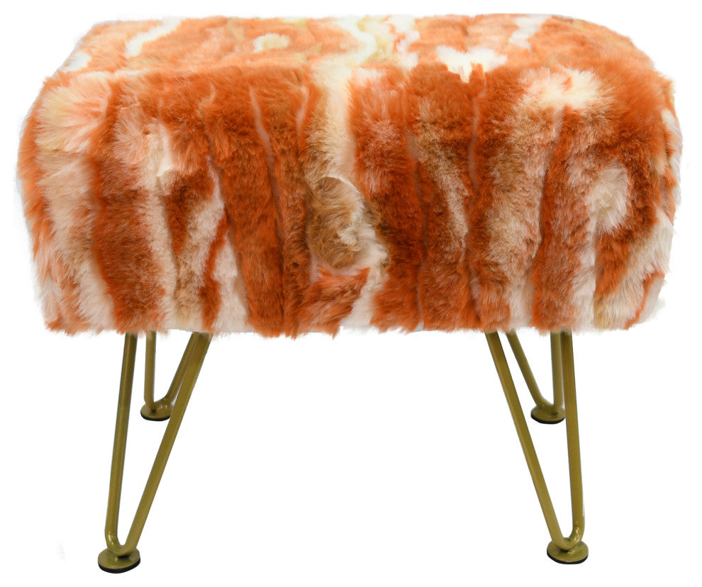 Soft Faux Fur Ottoman Fuzzy Entryway Bench Seat, Burnt Orange, 19"x13"x17"